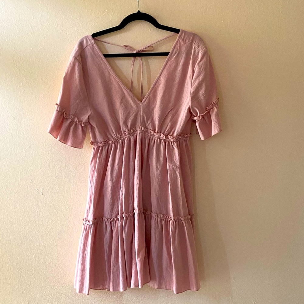 NWT Pink V Neck Babydoll Short Sleeve Dress Size:M